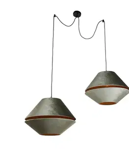 Závesná lampa čierna s dvojitým zamatovým tienidlom zelená so zlatým interiérom 2-svetlá - Cava Luxe