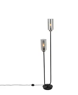 Art Deco stojaca lampa čierna s dymovým sklom 2-svetlo - Laura
