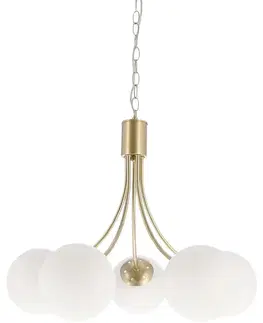 Mosadzná závesná lampa Dani 5x40W E14, biele tienidlo, elegantné stropné svietidlo do obývačky, klasický aj moderný štýl, päť svetelných bodov