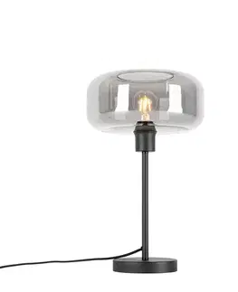 Art Deco stolná lampa čierna s dymovým sklom - Bizle
