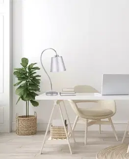 Chrómová kancelárska stolová lampa s látkovým tienidlom Luk