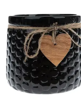 Keramický obal na kvetináč Wood heart čierna, 12,5 x 14 cm