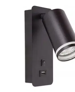  Nástenné bodové svietidlo s USB nabíjačkou 1xGU10/35W/230V čierna BEDROOM LIGHT BLACK USB