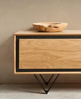DELIFE TV stolík Stonegrace 240 cm dub prírodná 2 dvierka 1 priehradka 2 zásuvky kamenná dyha podstava v tvare V kov čierna
