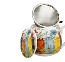 Porcelánový sudový hrnček so sitkom a krytom Mačky v záhrade 430 ml