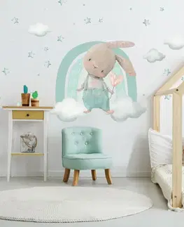 Nálepka na stenu pre deti - Zajko s dúhou v mentolovej farbe