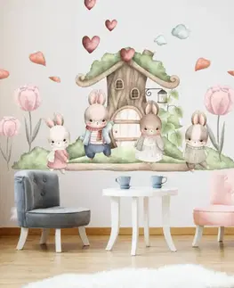Nálepka na stenu - Zajačiky a lesný domček