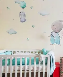 Detské nálepky na stenu - Zajačiky s hviezdičkami v mentolovej farbe