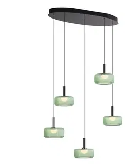 Fiera Designer Pendant Lamp: Gunmetal Finish with Green Glass, Integrated LED, 3-Step Dimmable, 5-Light Easylift