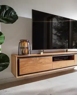 DELIFE TV stolík Stonegrace 175 cm akácia prírodná 2 dvierka 1 priehradka 1 zásuvka kamenná dyha závesný