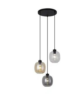 Závesná lampa čierna s jantárovým, dymovým a čírym sklom 3-Lights - Elena