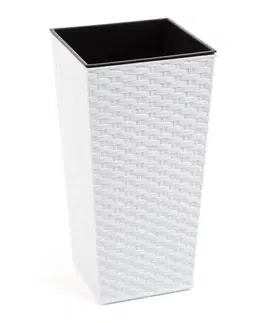 Kinekus Kvetináč vysoký, plastový, dĺžka strany 30cm, FINEZJA, imitácia ratanu, biely