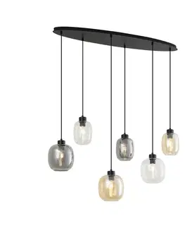 Závesná lampa čierna s jantárovým, dymovým a čírym sklom 6-svetiel - Elena