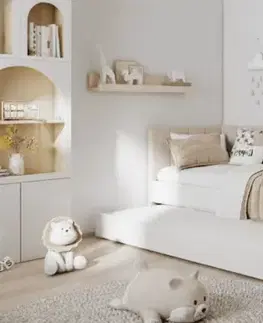 ArtBed Detská posteľ FREYA s prístelkou a so stolíkom | biela / béžová (Panama 706) 90 x 200 cm