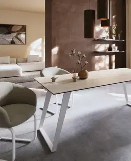 DELIFE Jedálenský stôl Edge 200x100 keramika Laminam® Travertino Bianco krémovo biela kovová šikmá biela