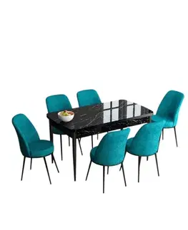 Extendable Dining Table & Chairs Set (7 Pieces) Han - Black Marble, Turquoise