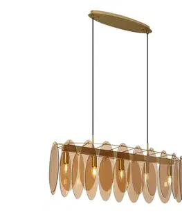 Závesná lampa Art Deco zlatá s jantárovým sklom oválna 5-svetiel - Mochan
