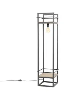 Priemyselná stojaca lampa čierna s drevenými prvkami - Cage Rack