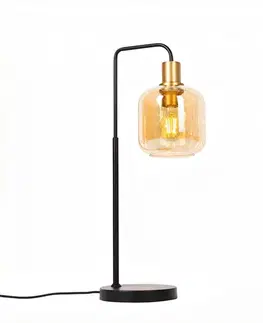 Dizajnová stolná lampa čierna s mosadzou a jantárovým sklom - Zuzanna