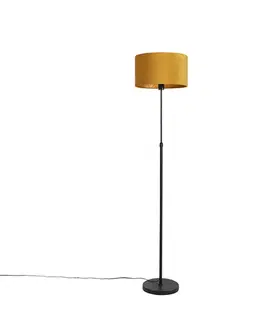 Stojaca lampa čierna s tienidlom z velúru okrovej žltej farby so zlatom 35 cm - Parte