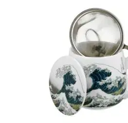 Porcelánový sudový hrnček so sitkom a krytom K. Hokusai - The Great Wave 430 ml