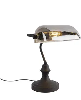 Klasická notárska lampa čierna s dymovým zrkadlovým sklom - Banker