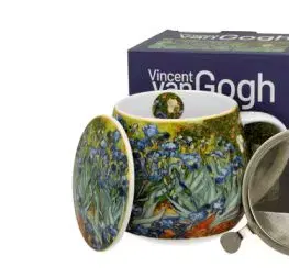Porcelánový sudový hrnček so sitkom a krytom Vincent Van Gogh - Irises 430 ml