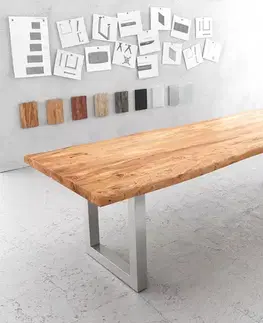 DELIFE Jedálenský stôl Edge 280x100 cm XL akácia prírodná nerezová oceľ široký Live-Edge