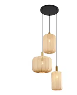 Japandi závesná lampa čierna a zlatá s béžovým tienidlom 3-Lights - Pluni