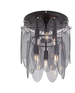 Art Deco plafondlamp zwart met smoke glas ovaal 6-lichts - Mochan