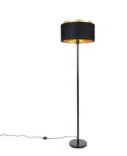 Moderná stojaca lampa čierna s tienidlom čiernym so zlatom - Simplo
