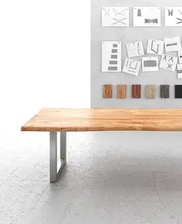 DELIFE Jedálenský stôl Edge 280x100 cm XL akácia prírodná nerezová oceľ široký Live-Edge