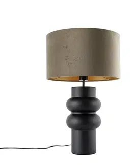 Dizajnová stolová lampa čierna zamatový tienidlo taupe so zlatom 35 cm - Alisia