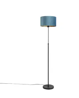 Stojaca lampa čierna s modrým zamatovým tienidlom so zlatom 35 cm - Parte