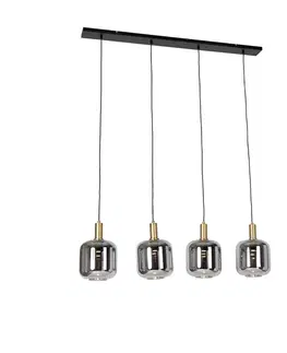 Závesná lampa čierna so zlatom a dymovým sklom vrátane 4 PUCC - Zuzanna