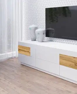 SELINKA 40 TV stolík 6 šuplíkový, biely lesk/dub wotan