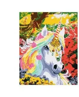 Diamantová mozaika Jednorožec s akrylovými farbami + maľovanie na plátne podľa čísel 2v1, 40x50cm