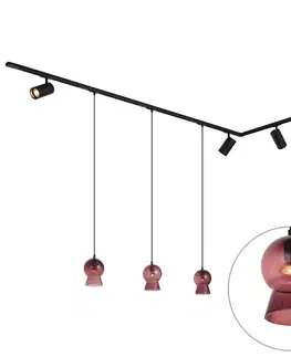 Moderný čierny koľajnicový systém so 4 bodovými svetlami a 3 fialovými závesnými svietidlami 1-fázový - Iconic Bell Jeana Luxe