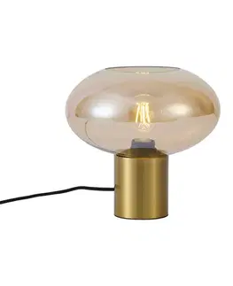 Dizajnová stolná lampa mosadzná s jantárovým sklom - Umbrella
