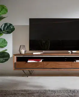 DELIFE TV stolík Stonegrace 175 cm akácia hnedá kamenná dyha 3 zásuvky 1 priehradka podstava v tvare V čierna