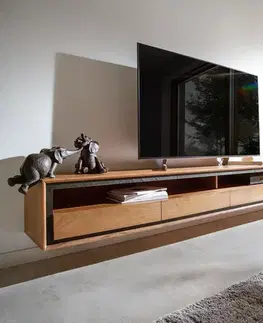 DELIFE TV stolík Stonegrace 240 cm akácia prírodná 2 priehradky 4 zásuvky kamenná dyha závesný