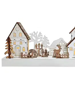 Solight LED vianočná dedinka, 34 x 17 cm, drevo, 4 LED, 2x AA