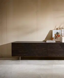 DELIFE TV stolík Tereos 220 cm jaseň tmavohnedá 3D efekt 4 dvierka podstava v tvare L nerezová oceľ kefovaná