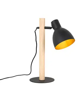 Rustikálna stolná lampa čierna s drevom - Flint