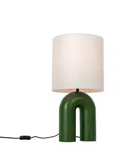 Dizajnová stolná lampa zelená s bielym ľanovým tienidlom - Lotti