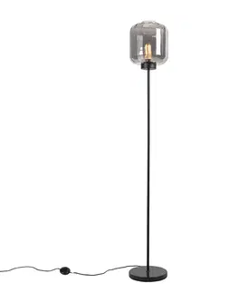 Dizajnová stojaca lampa čierna s dymovým sklom - Qara