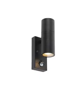 Vonkajšia nástenná lampa čierna 2-svetlá s pohybovým senzorom IP44 - Duo