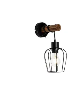 Rustikálna nástenná lampa čierna s drevom - Stronk