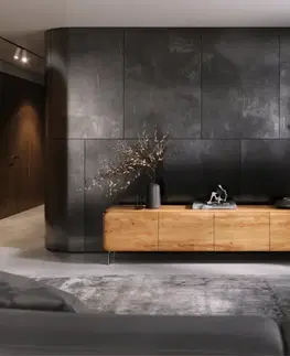 DELIFE TV stolík Shavani 220 cm akácia prírodná 4 dvierka podstava v tvare L nerezová oceľ strieborná