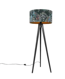Stojaca lampa trojnožka čierna s tienidlom páv 50 cm - Tripod Classic